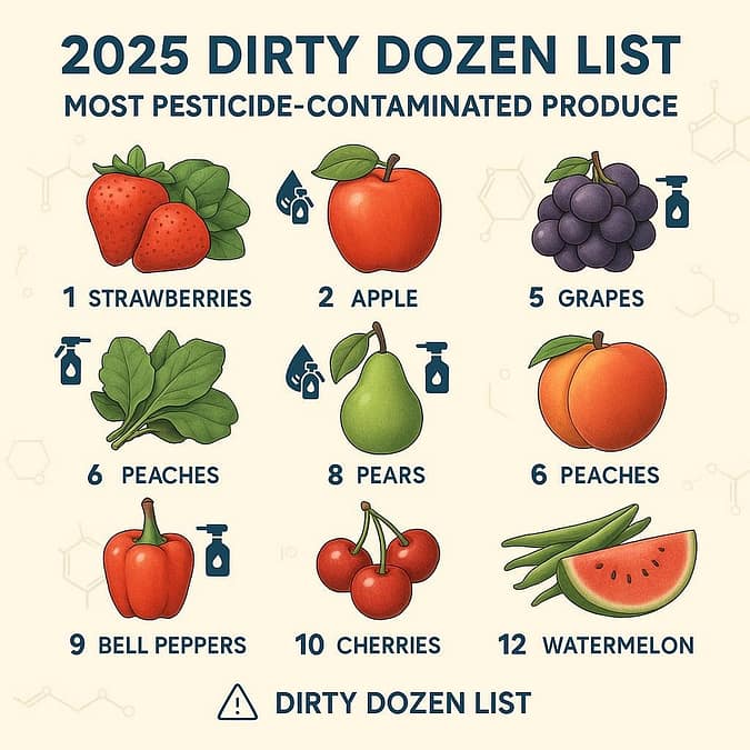 Dirty Dozen 2026 list showing 12 fruits and vegetables with highest pesticide residues