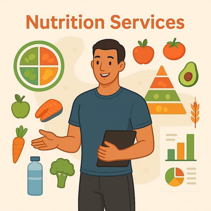 a man holding a clipboard with food icons around him