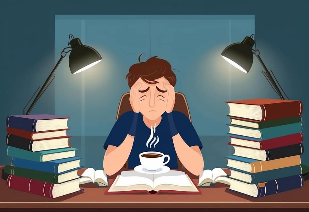 a cartoon of a man sitting at a desk with a cup of coffee and books