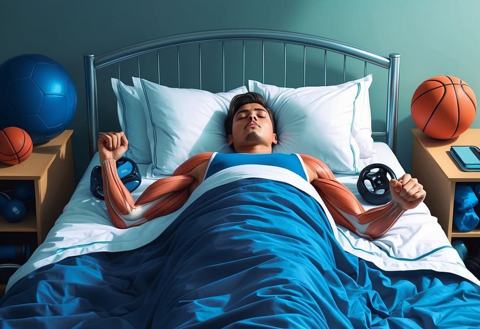 a man lying in bed with muscles