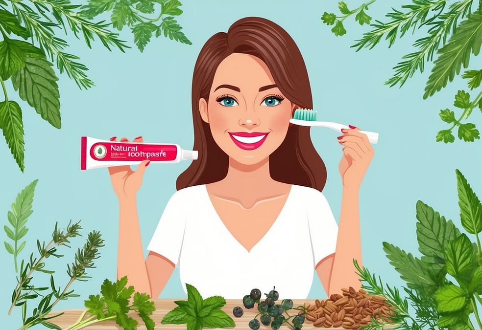 a woman holding a toothbrush and a tube of toothpaste