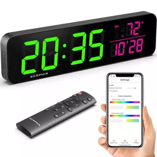 SERPHIX 15.2" Gym Timer, App & Remote Control, Customize LED Color, Voice Countdown Prompt, Interval Workout, Tabata, EMOM, AMRAP, Countdown, Stopwatch, Large Digital Wall Clock for Home Gym