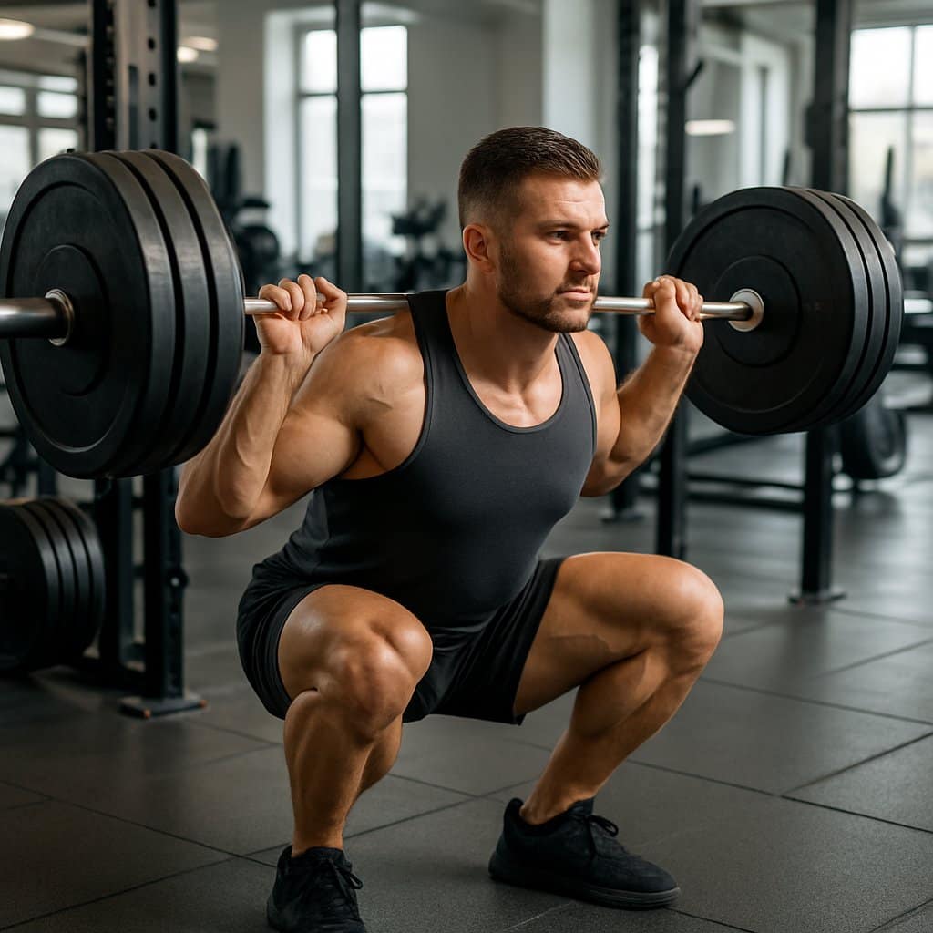 A muscular man performing a deep squat with a barbell on his shoulders in a gym.