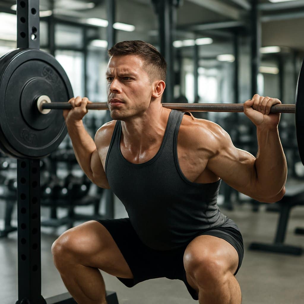 A muscular man performing a heavy barbell squat in a gym, surrounded by workout equipment.