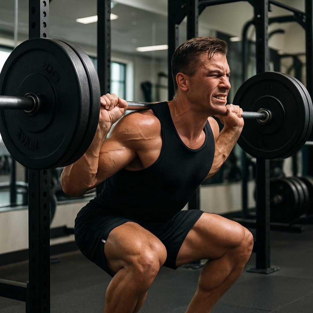 A muscular man performing a heavy barbell back squat in a gym.