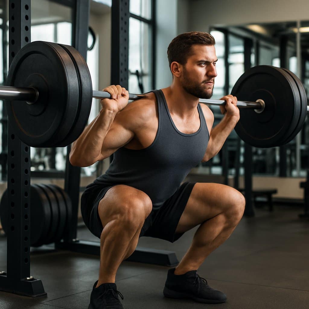 A man performing a deep squat with a barbell across his upper back in a gym setting.