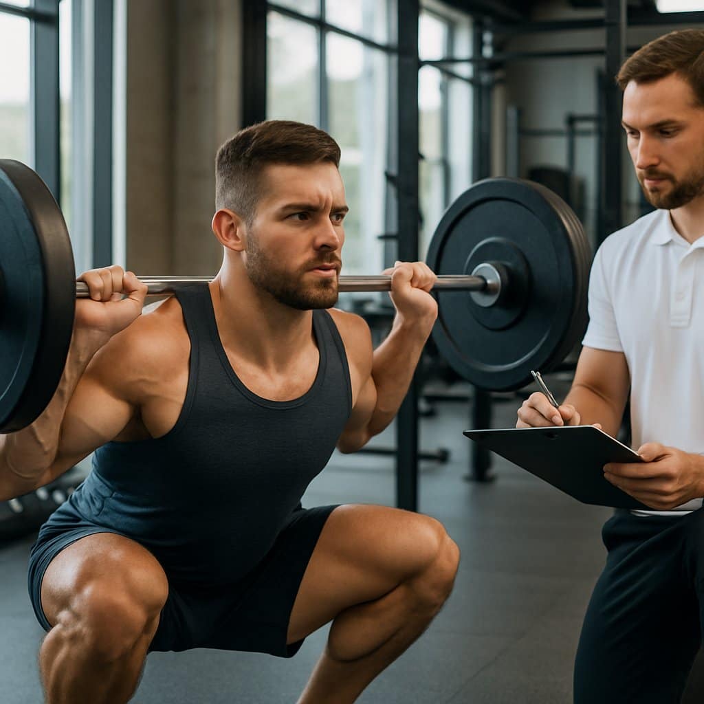 A muscular man performing a deep squat with a barbell in a gym while a coach observes and takes notes.