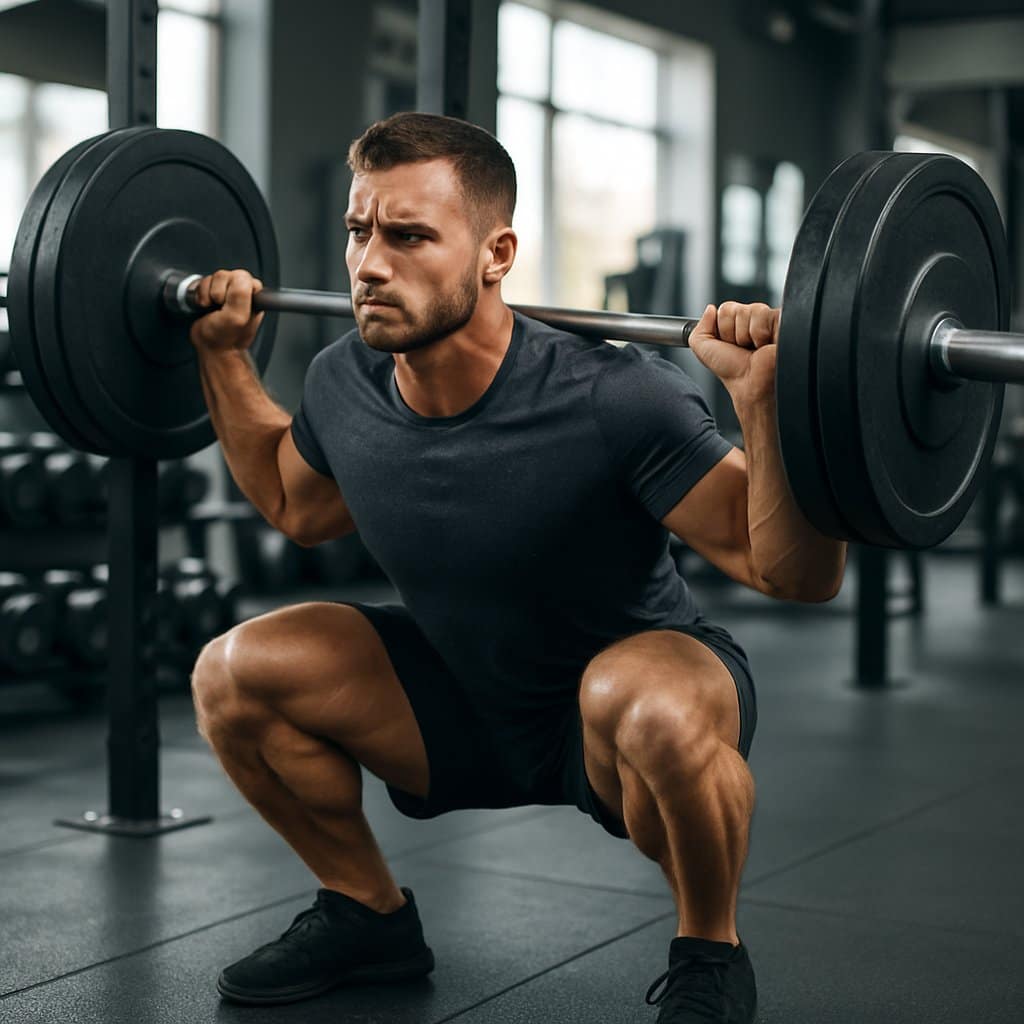 A muscular man performing a deep squat with a barbell in a gym surrounded by fitness equipment.