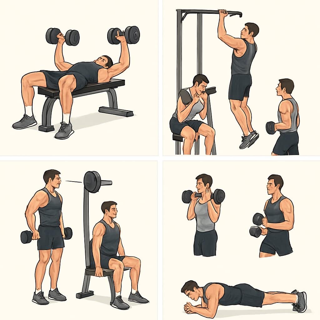Six panels showing a person performing different exercises for chest, back, legs, shoulders, arms, and core across six days.