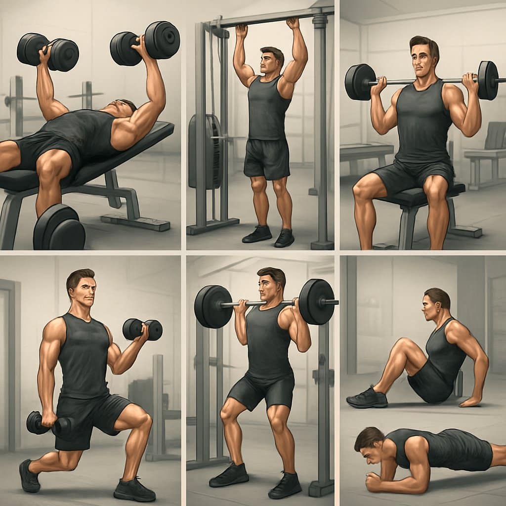 A muscular man performing different weight training exercises in six separate panels, each showing a different muscle group workout in a gym.