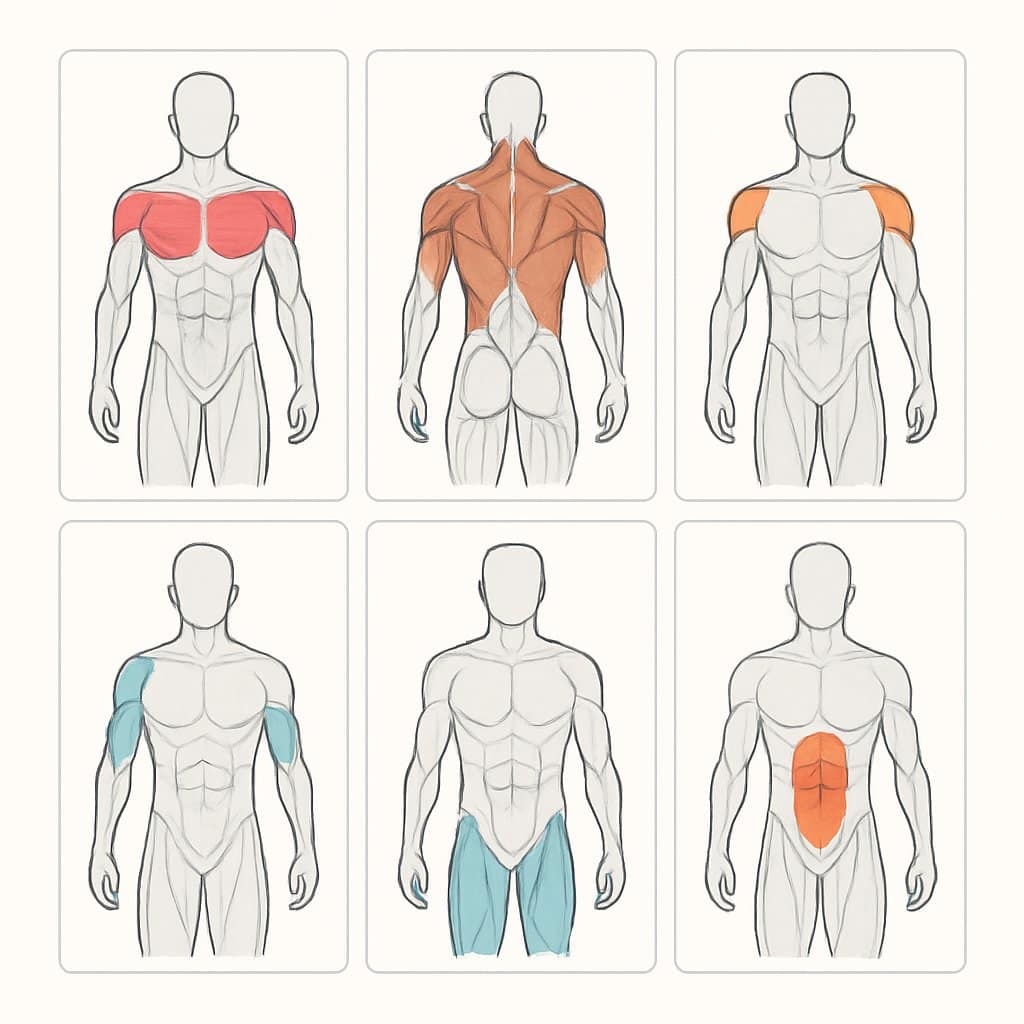An organized illustration showing a weekly workout plan with six sections, each highlighting different muscle groups on a human figure for a six-day training routine.