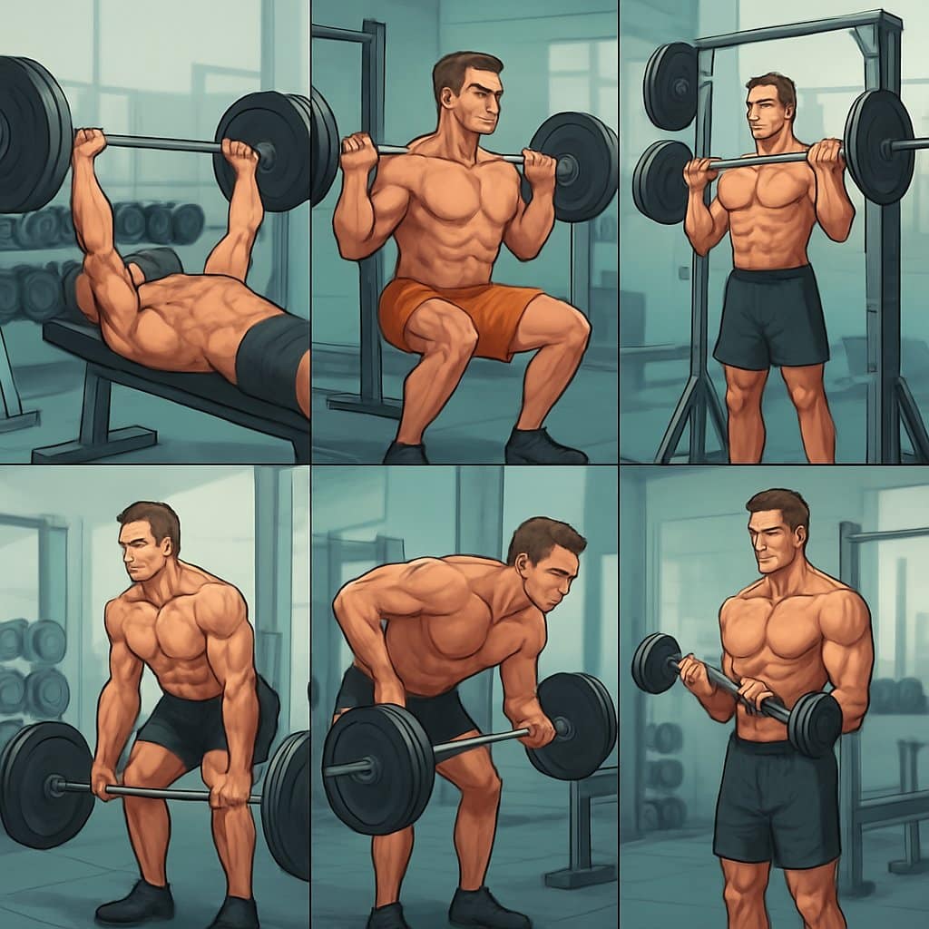 Six panels showing a muscular man performing different weightlifting exercises in a gym, each targeting various muscle groups.