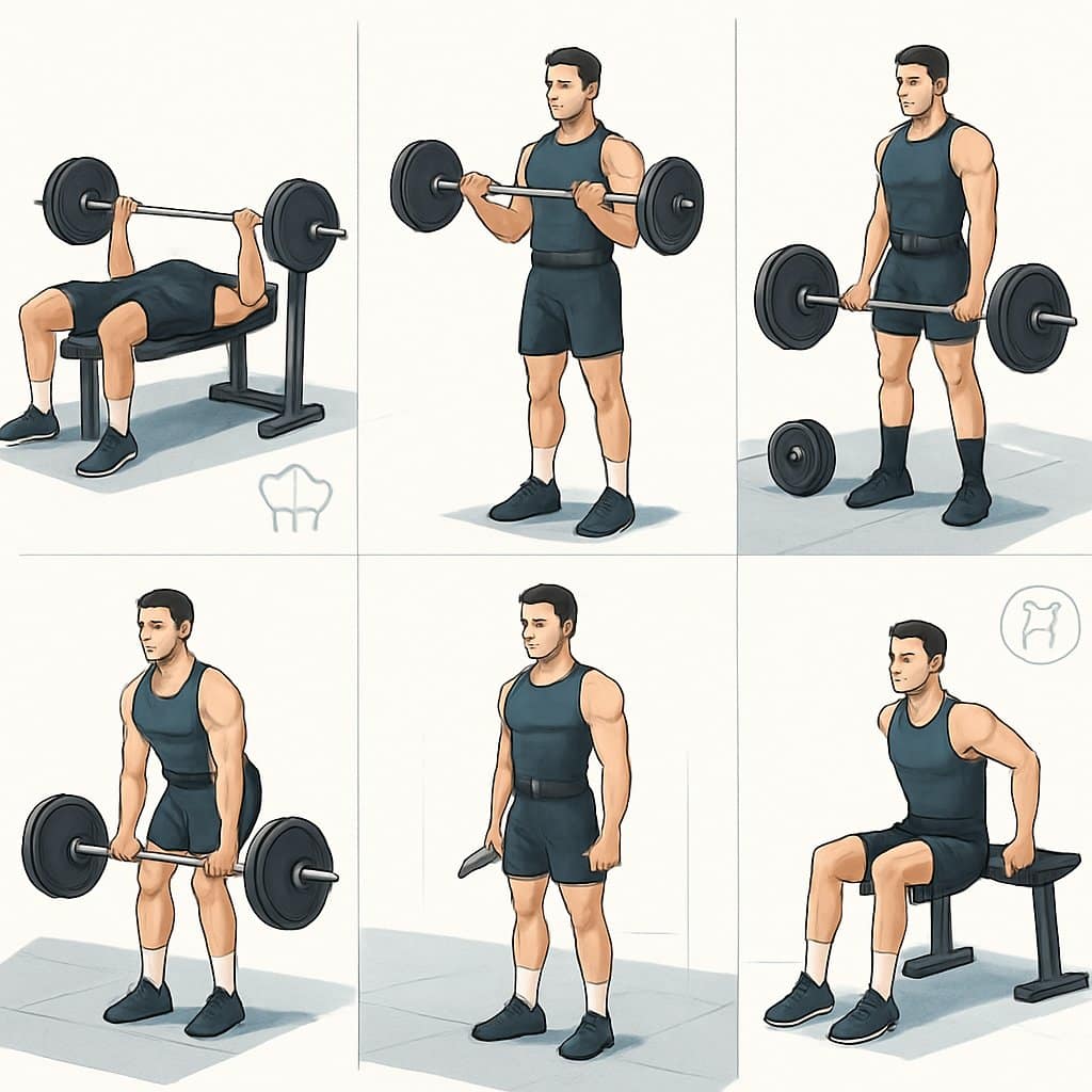 Six people performing different weightlifting exercises in separate areas, each targeting a different muscle group as part of a six-day workout routine.