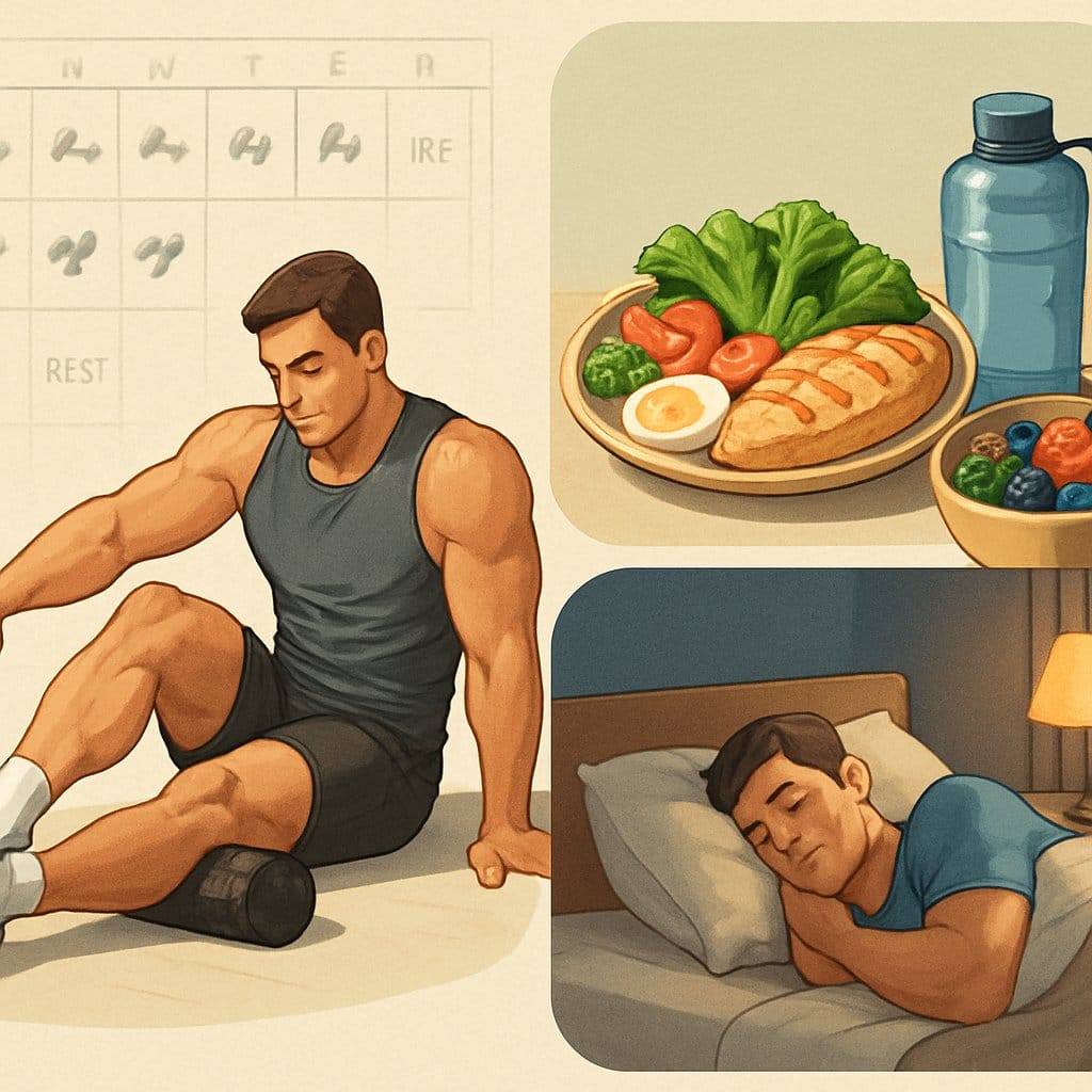An illustration showing a person stretching, a healthy meal with proteins and vegetables, and someone sleeping peacefully to represent recovery, nutrition, and rest in a weekly workout routine.