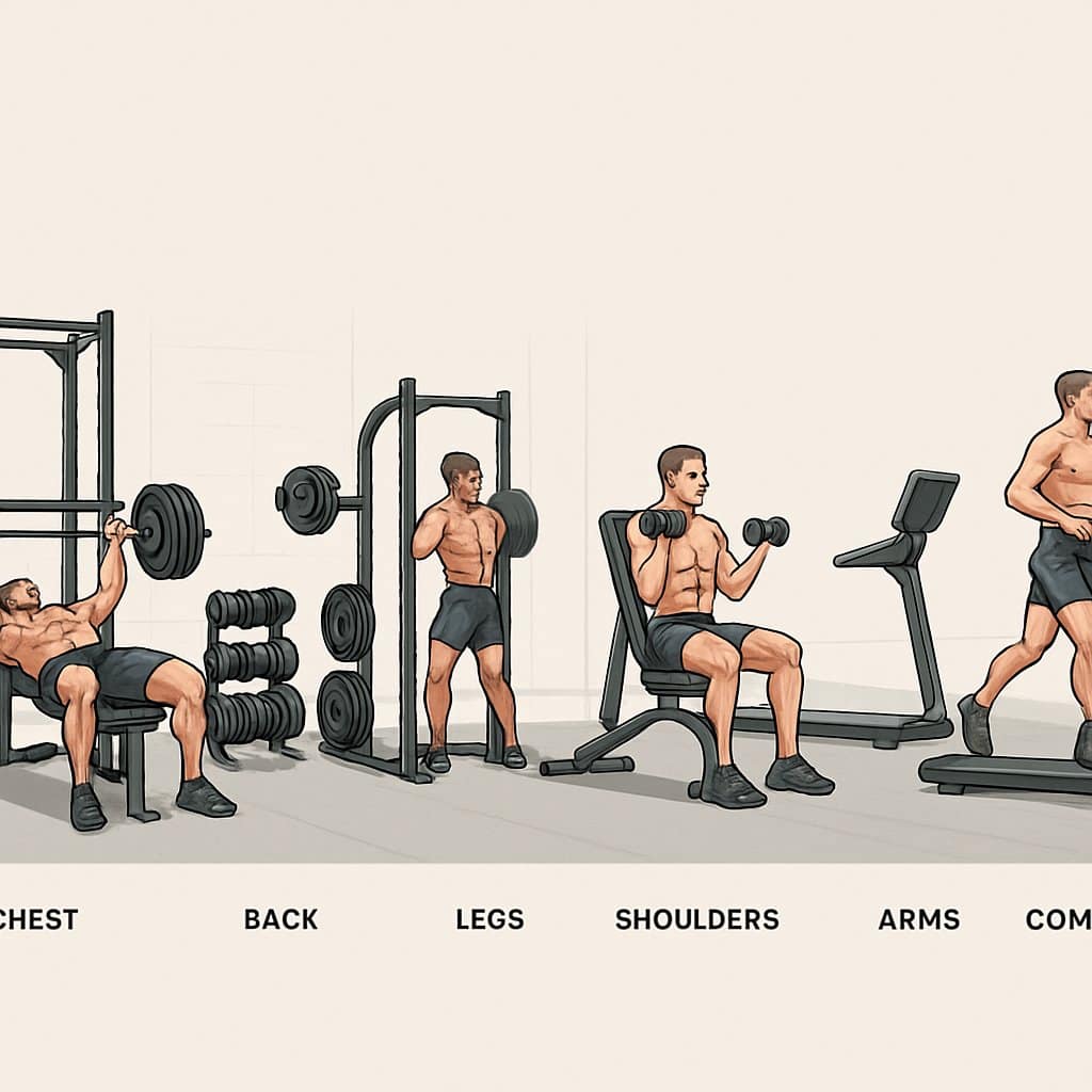 A gym setting showing six workout stations with different exercise equipment and a person performing various strength and conditioning exercises.