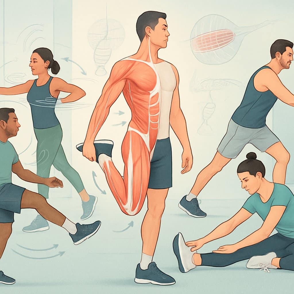 People performing different stretching exercises in a gym with an anatomical overlay showing muscles being stretched.