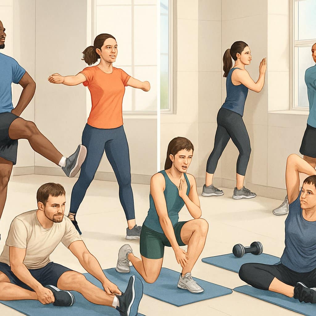 A group of people stretching before and after workouts in a gym, performing various dynamic and static stretches.