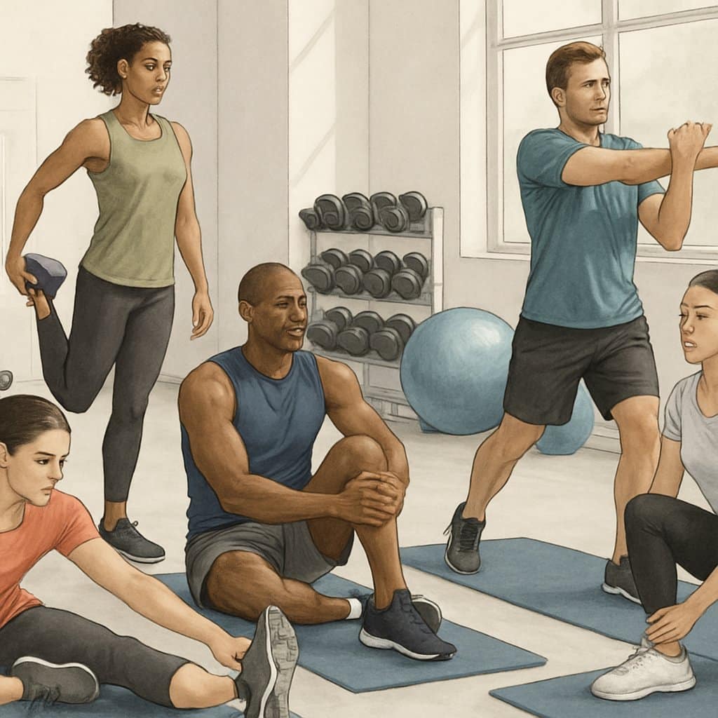 A group of people stretching different muscles in a gym, preparing for or cooling down from a workout.