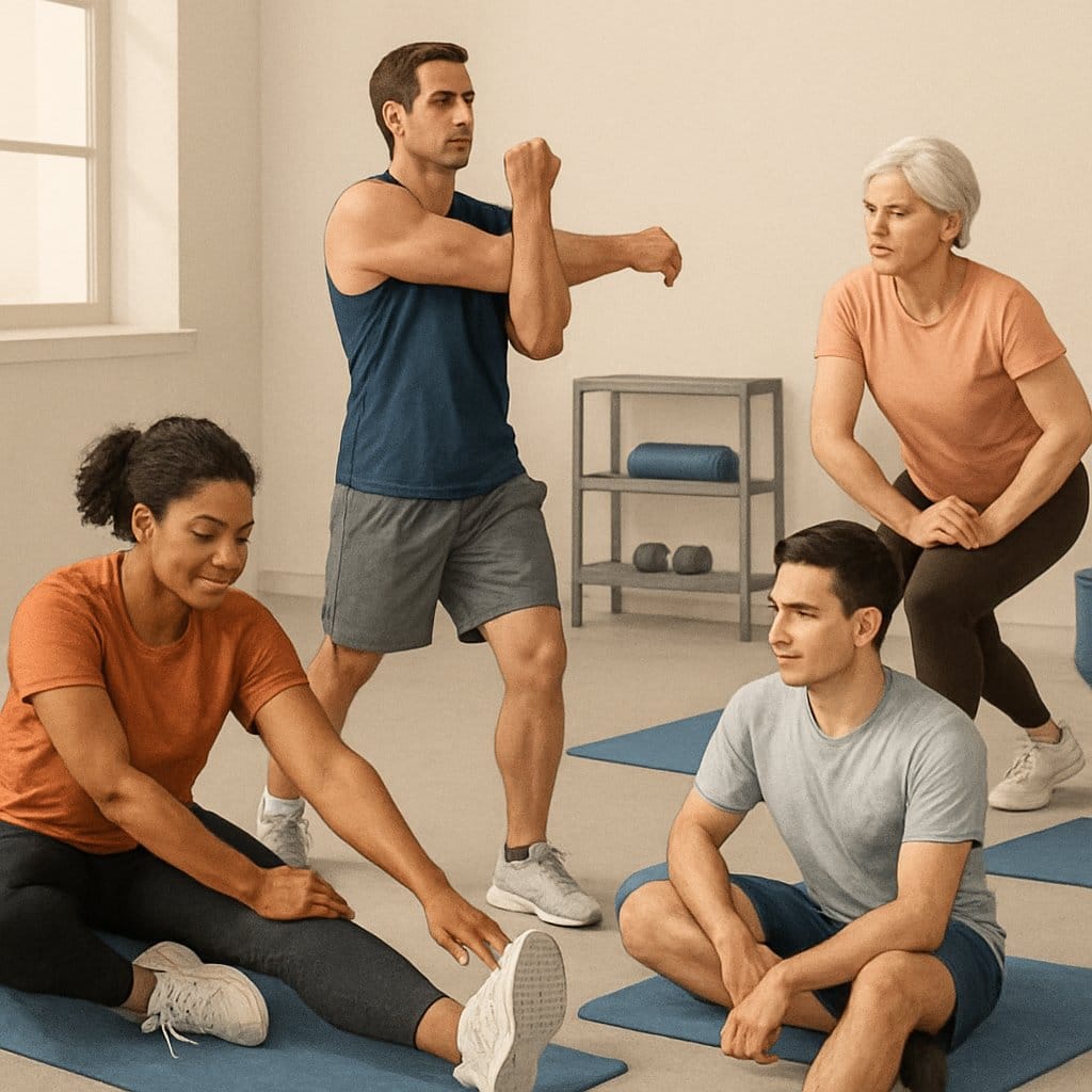 People of different ages and body types performing various stretching exercises in a gym setting before and after workouts.