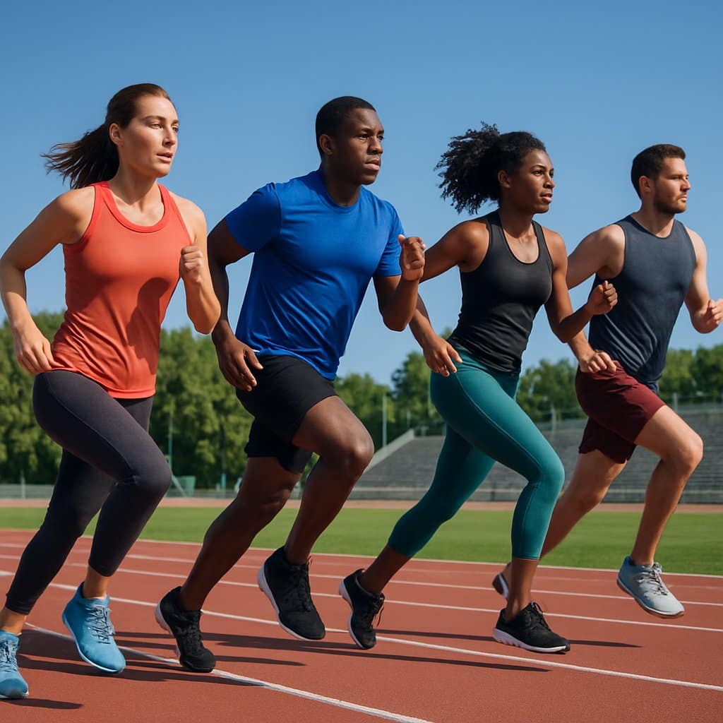 A group of runners on an outdoor track alternating between sprinting and jogging during a sunny day.