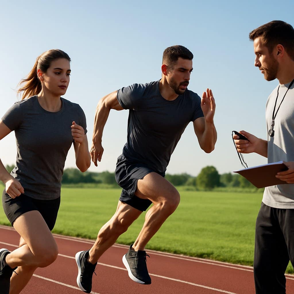 Two athletes running on a track with a coach timing their interval workout on a sunny day.