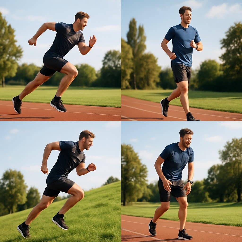 Four runners performing different interval running workouts outdoors on a sunny day, including sprinting, jogging, hill sprints, and walking.