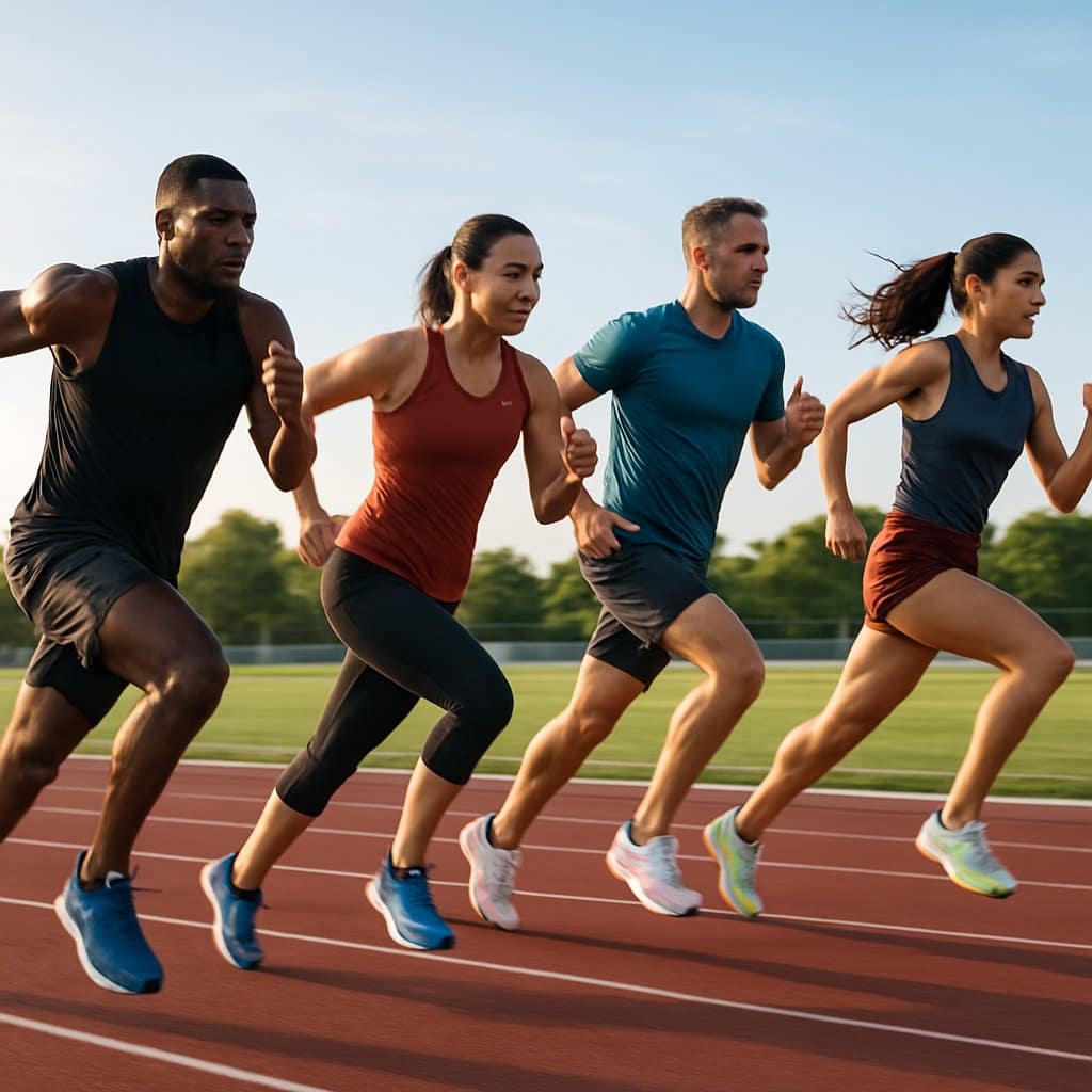 Four athletes running on an outdoor track during an intense interval workout in the early morning.