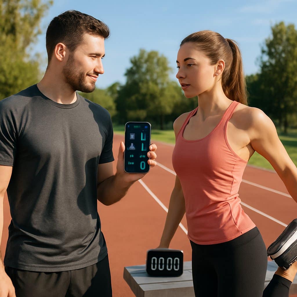 A man holding a smartphone with a fitness app and a woman stretching on a running track outdoors.