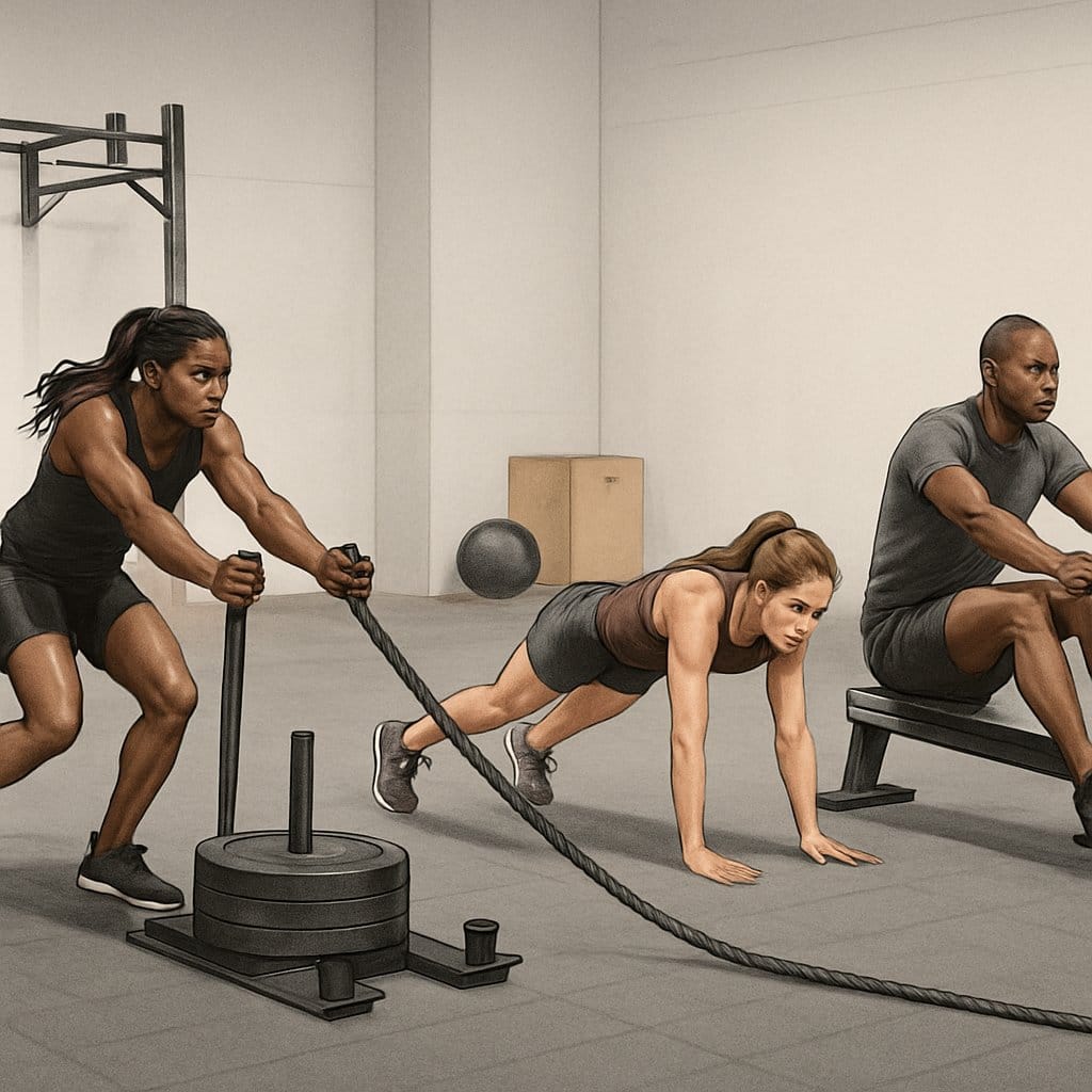 Athletes performing four different workout challenges in a gym, including sled push, sled pull, burpee broad jumps, and rowing.