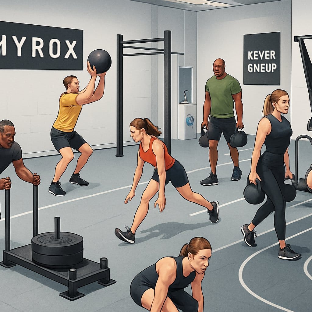 Athletes performing eight different workout exercises in a modern gym, each at a separate fitness station.