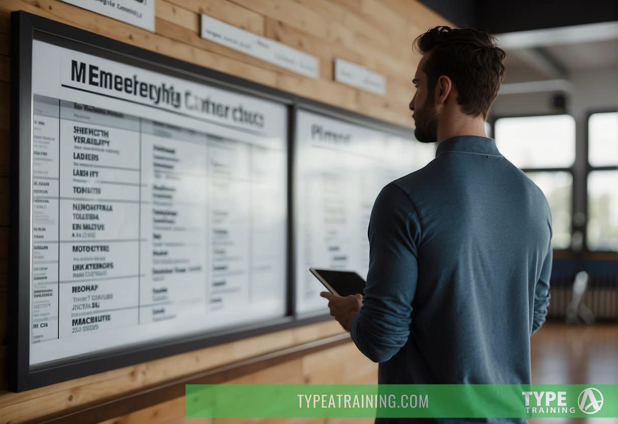 A person standing in front of a gym, looking at a sign that lists the membership options. The person is holding a pen and a notebook, appearing thoughtful and contemplative