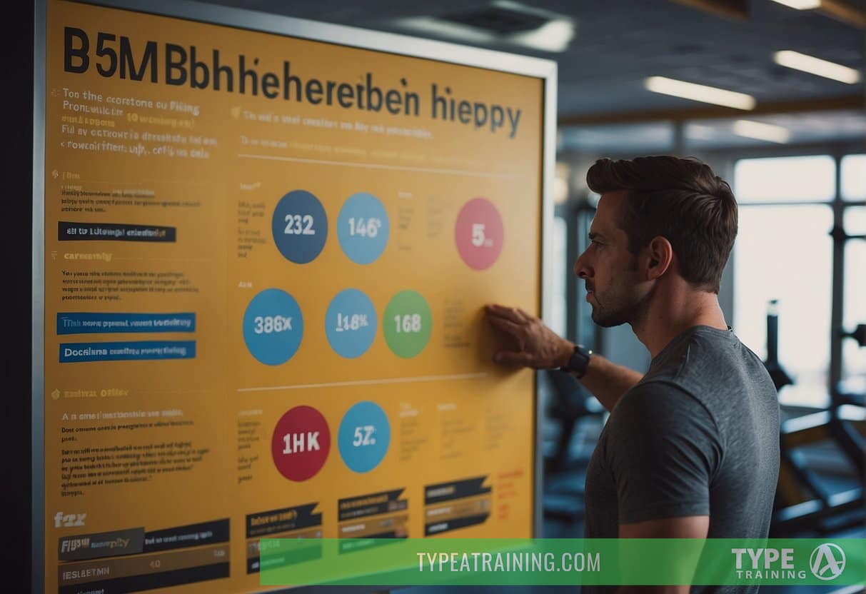 A person standing in front of a gym, looking at a sign listing six factors to consider before purchasing a membership. The person is deep in thought, pondering their fitness goals