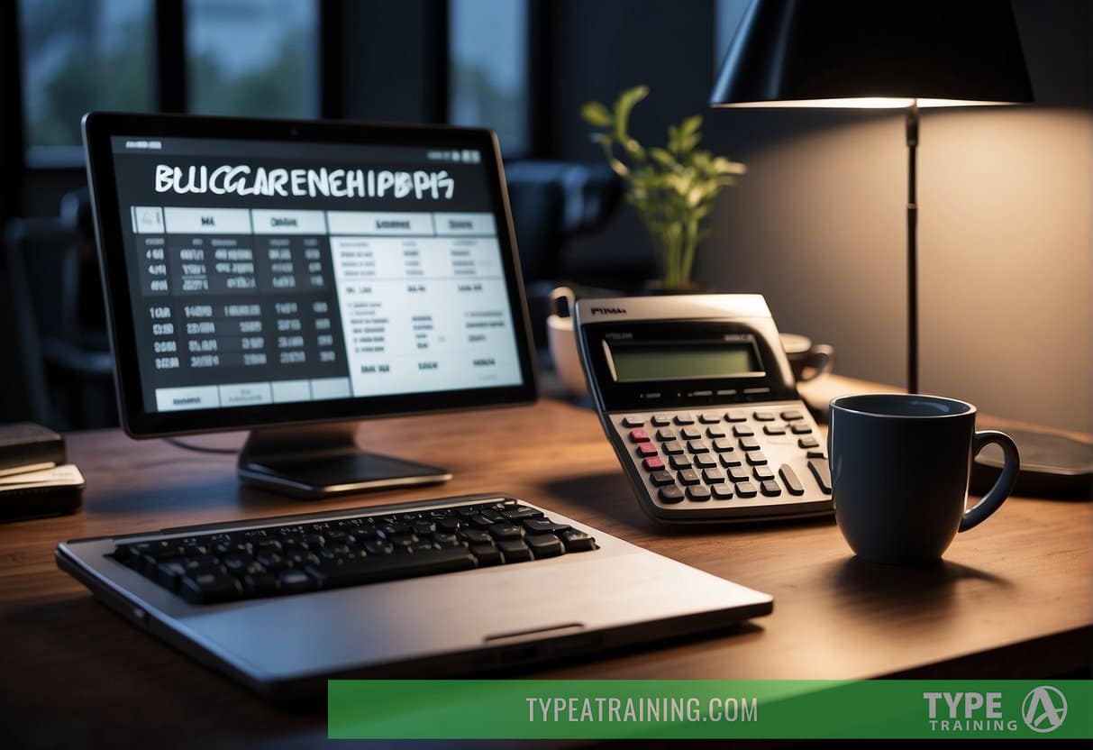 A person sits at a desk with a calculator and budgeting tools. A list of 6 considerations for buying a gym membership is displayed on the wall