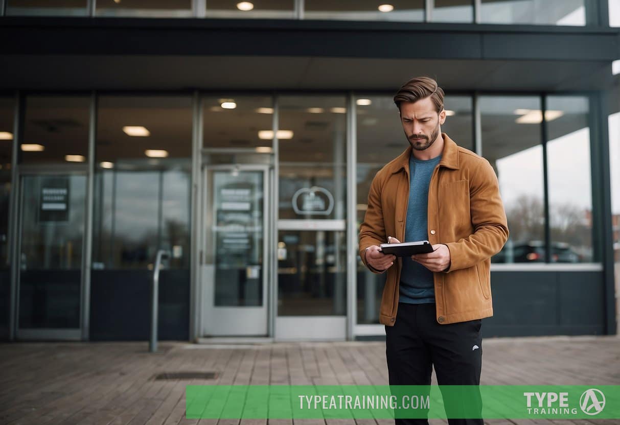 A person stands outside a gym, pondering over a checklist of 6 things to consider before buying a membership. The gym's exterior and surrounding area are visible, with signage and potential amenities