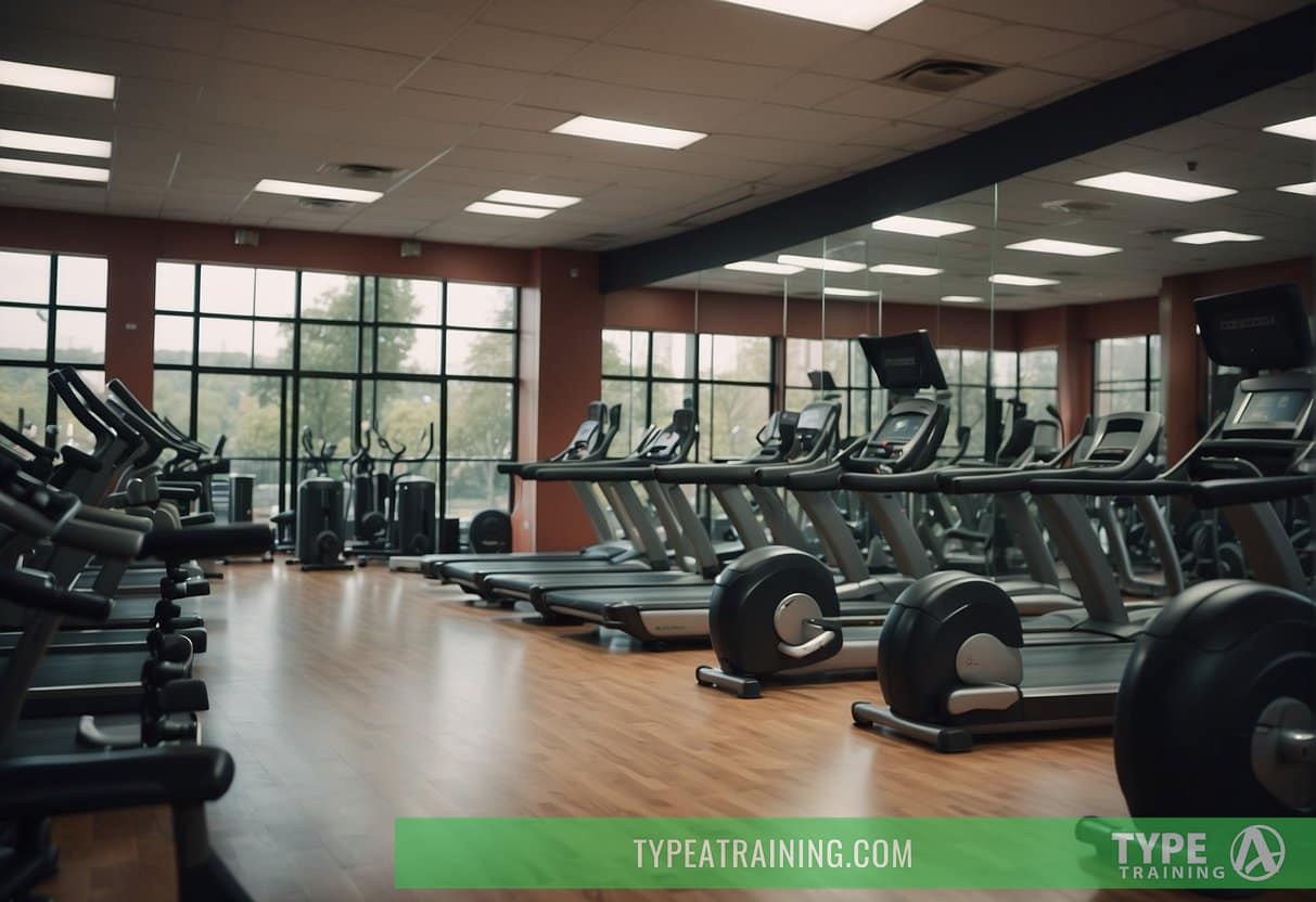 The gym is bustling with activity, filled with the sound of clanking weights and the hum of cardio machines. People are focused and determined, while others chat and encourage each other. The atmosphere is energetic and motivating