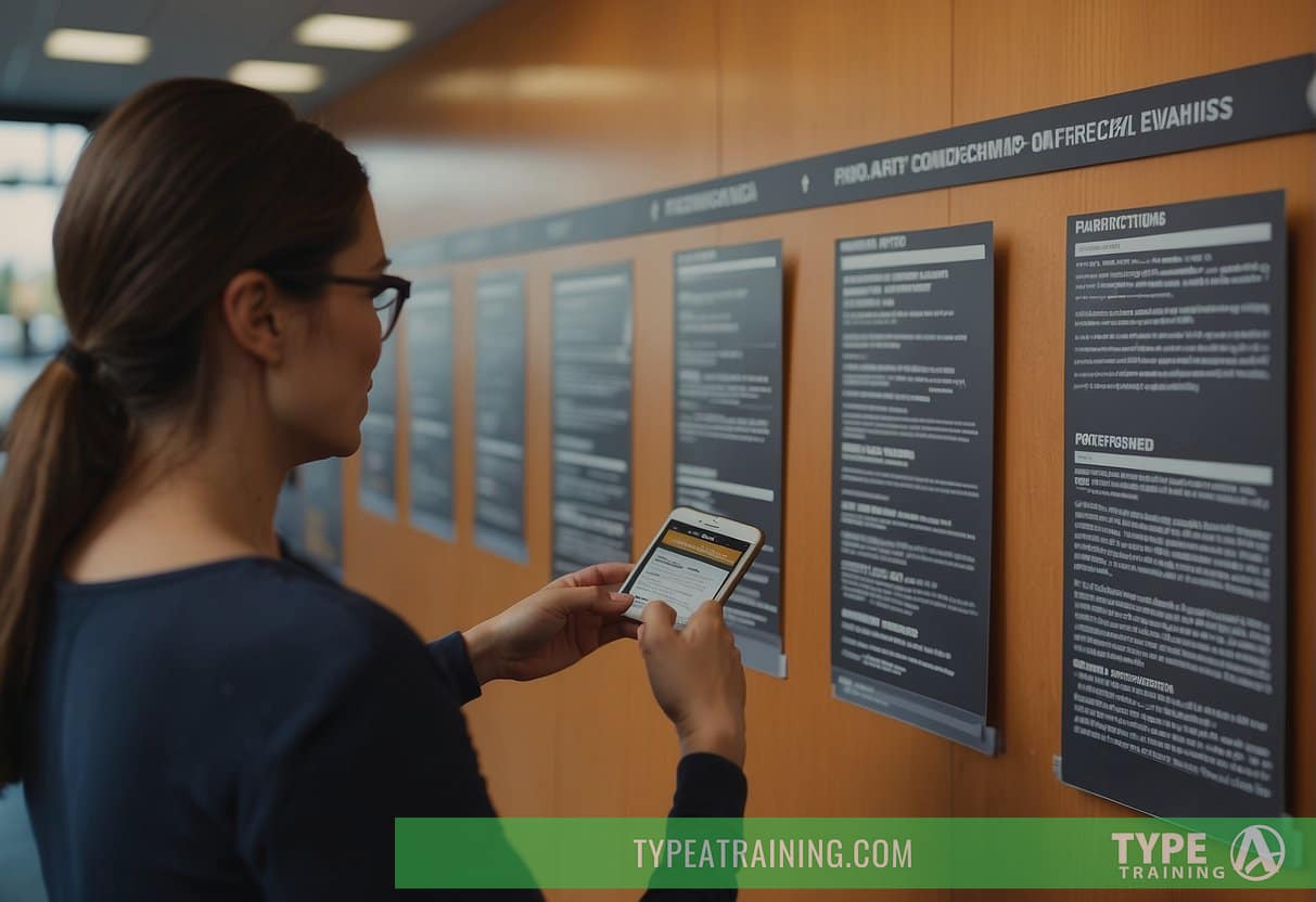 People reading reviews and recommendations for gym memberships. Considerations listed on a bulletin board