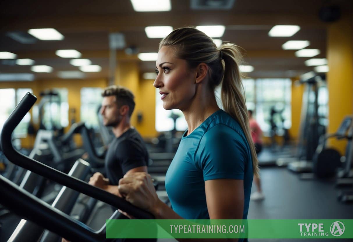 People using various gym equipment, sweating and working out. Bright lights, energetic music, and the sound of weights clanging. A mix of cardio and strength training areas