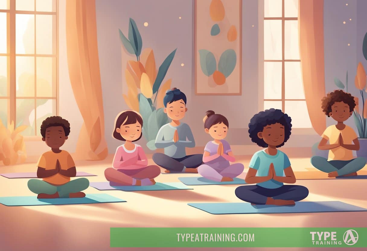 Group meditating in serene environment.