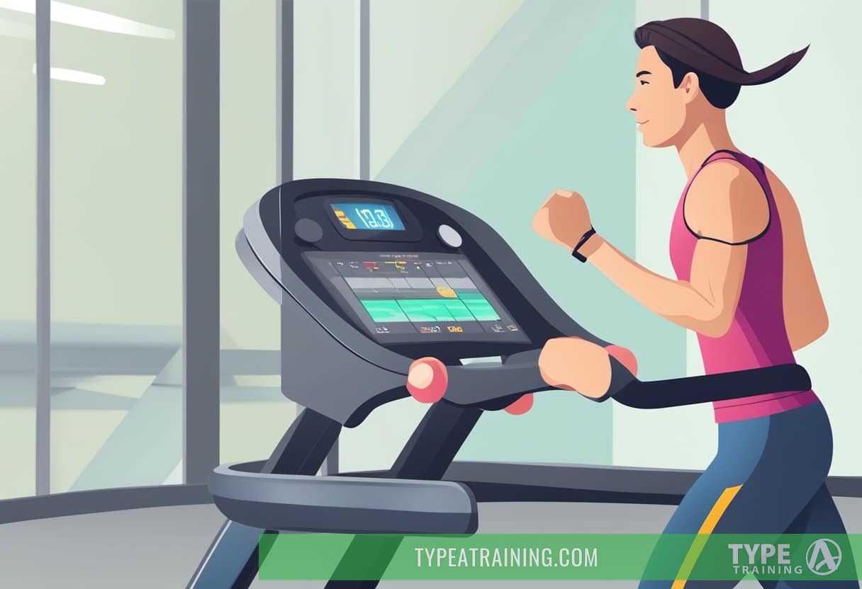 A person wearing a heart rate monitor while exercising on a treadmill, with a clear display of the heart rate and exercise intensity