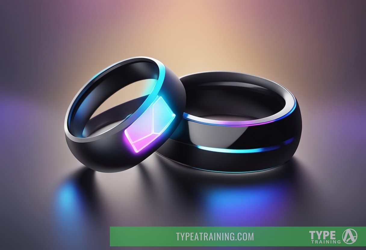 A sleek, futuristic smart ring with minimalist design and vibrant LED display, emitting a soft glow against a dark, high-tech backdrop