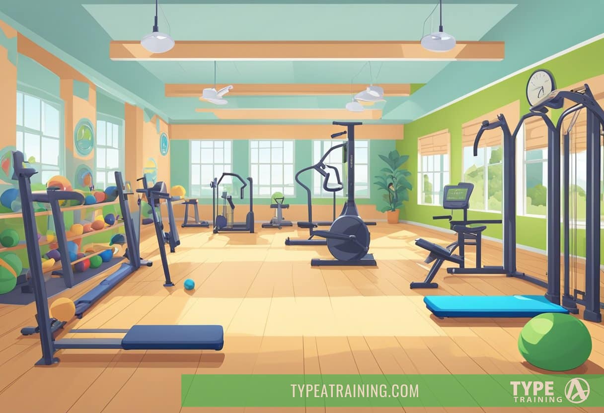 Children's workout equipment neatly arranged in a bright, spacious room with motivational posters on the walls