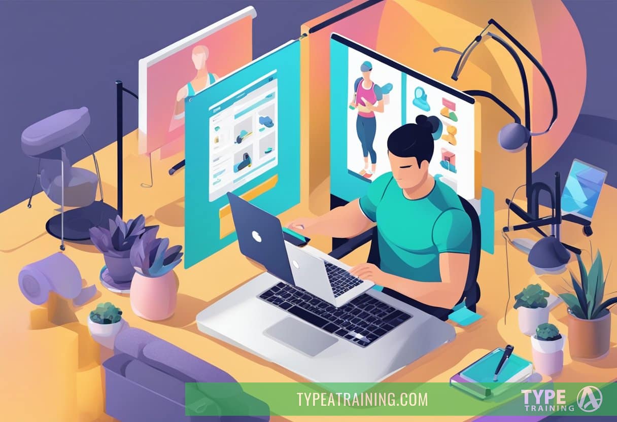 A person browsing a laptop, surrounded by fitness equipment and gym posters, searching for a personal trainer online