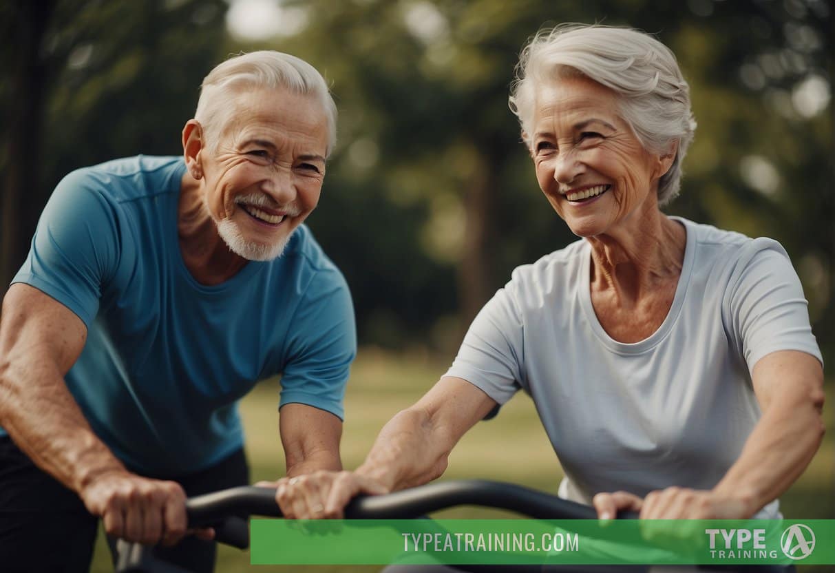 Elderly person engaging in various exercises with a personal trainer. Smiling faces and a sense of accomplishment
