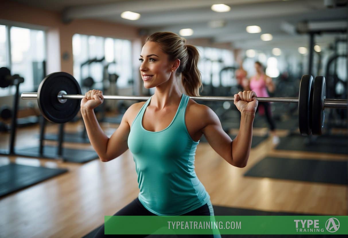 A person lifting weights in a gym, with various resistance training equipment around them. An aerobic exercise class in the background, with people jogging and doing jumping jacks