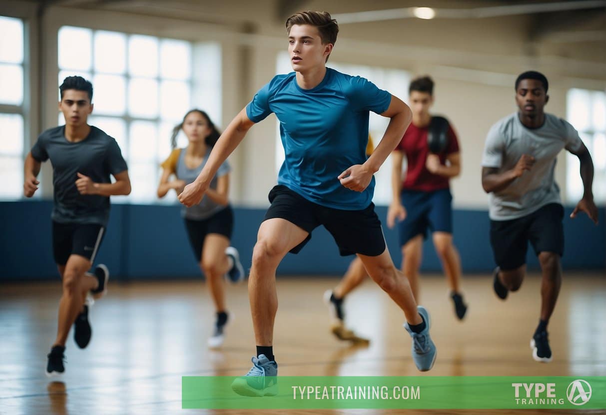 A group of teenagers engage in a variety of physical activities, including running, jumping, stretching, and lifting weights, in a well-equipped gymnasium