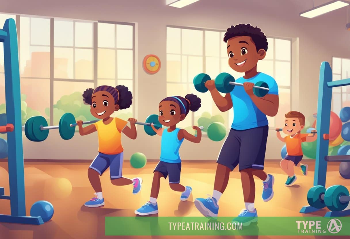Children lifting light weights in a supervised gym setting, with colorful equipment and cheerful atmosphere
