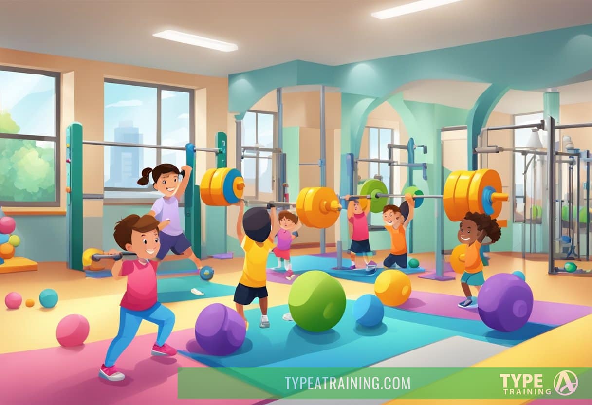 Children lifting light weights in a supervised gym setting, with colorful equipment and fun, engaging exercises