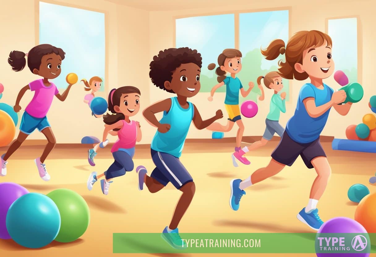 Children engaged in various physical activities such as running, jumping, and stretching, with colorful weights and exercise equipment in the background