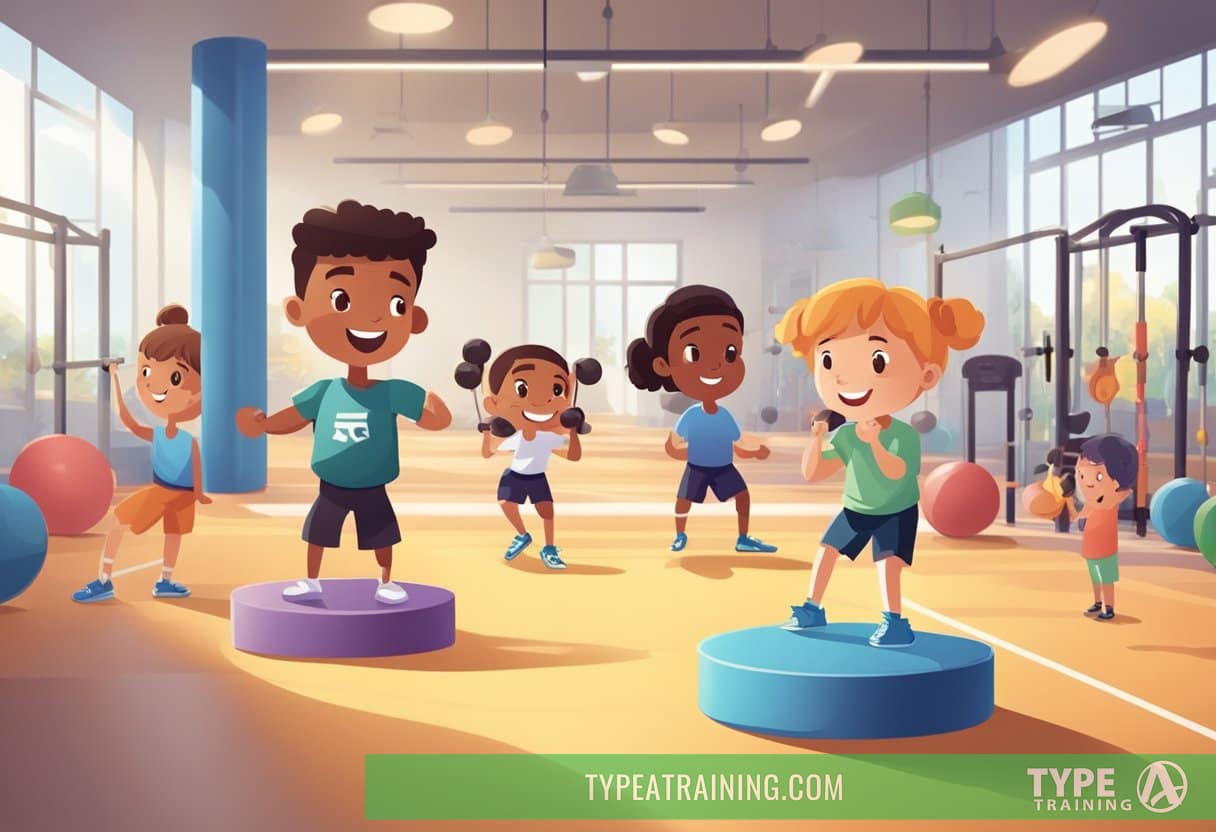 A group of kids perform weight-training exercises under the supervision of a coach in a well-lit and spacious gymnasium