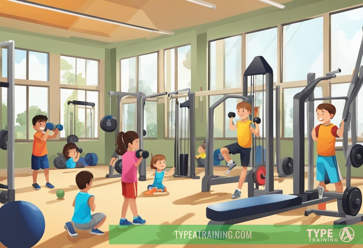 Children performing various strength training exercises with proper form and technique in a well-equipped gym setting